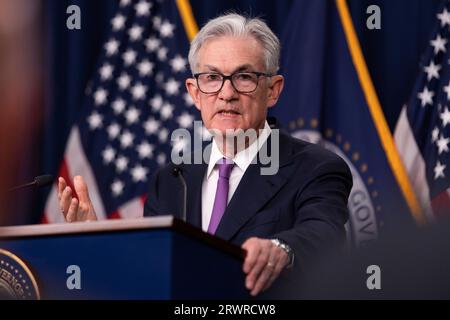 Washington, États-Unis. 20 septembre 2023. Jerome Powell, président de la Réserve fédérale, tient une conférence de presse à Washington, DC, États-Unis, le 20 septembre 2023. Crédit : Aaron Schwartz/Xinhua/Alamy Live News Banque D'Images