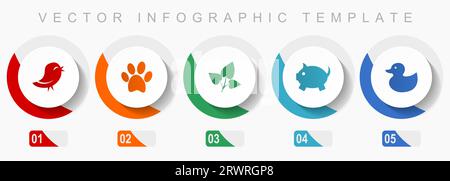 Jeu d'icônes de la nature, icônes diverses telles que l'oiseau, l'animal, la feuille, le cochon et le canard, modèle d'infographie vectorielle de conception plate, boutons Web dans 5 options de couleur Illustration de Vecteur