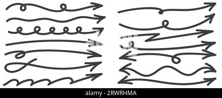 Flèche longue ligne. Signes de courbe haqndwrited de doodle mince. Pointages horizontaux vectoriels noirs. Jeu de dessins de marqueurs. Illustration de Vecteur