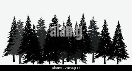 Collection de vecteurs de pins, paysage de silhouette de nature, pins de forêt de printemps. Illustration de Vecteur