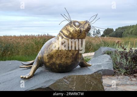 CRONSTADT, RUSSIE - 16 SEPTEMBRE 2023 : Sculpture des phoques de la Baltique en gros plan sur une journée nuageuse de septembre. Parc « Île des forts » Banque D'Images