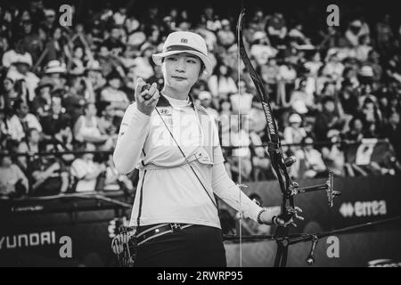 HERMOSILLO, MEXIQUE - 10 SEPTEMBRE : la coréenne Kang Chae-young concourt dans la catégorie recurve féminine lors de la finale de la coupe du monde de tir à l'arc 2023 le 10 septembre 2023 à Hermosillo, Mexique. (Photo Luis Gutiérrez/Norte/photo) Banque D'Images