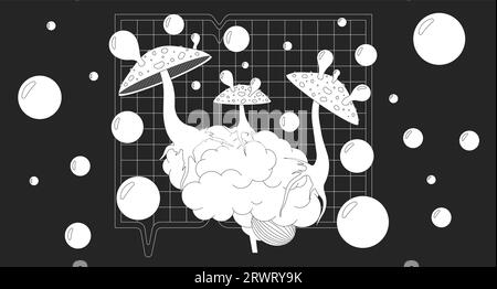 Soufflant des champignons trippy Bubbles sur papier peint lofi noir et blanc cerveau Illustration de Vecteur