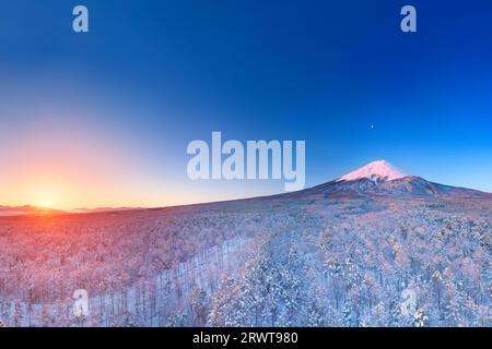 Mer de neige fraîche et Mt. Fuji, soleil matinal et lune Banque D'Images