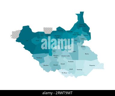Illustration isolée vectorielle de la carte administrative simplifiée du Soudan du Sud. Frontières et noms des États (régions). Silhouette kaki bleue colorée Illustration de Vecteur