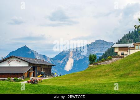 Ferme Furstenhof à Reith im Alpbachtal, Tyrol, Autriche. Champs et montagnes. Banque D'Images