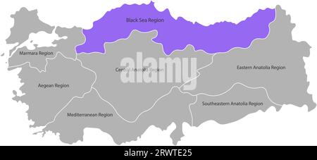 Carte simplifiée isolée par vecteur des régions de Turquie. Marqué région de la mer Noire. Frontières et noms des divisions administratives. Silhouettes grises, dos blanc Illustration de Vecteur