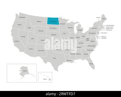 Illustration isolée vectorielle de la carte administrative simplifiée des USA. Frontières des États avec noms. Silhouette bleue du Dakota du Nord (état). Illustration de Vecteur