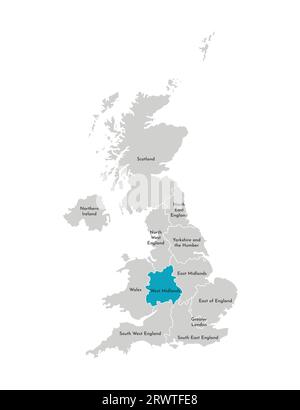 Illustration isolée vectorielle de la carte administrative simplifiée du Royaume-Uni (UK). Forme bleue des West Midlands. Frontières et noms de la région Illustration de Vecteur