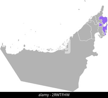 Illustration colorée simplifiée isolée vectorielle avec silhouette grise des Émirats arabes Unis (eau), contour violet de la région de Fujairah et outl blanc Illustration de Vecteur