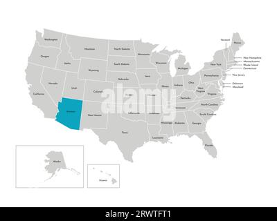 Illustration isolée vectorielle de la carte administrative simplifiée des USA. Frontières des États avec noms. Silhouette bleue de l'Arizona (état). Illustration de Vecteur