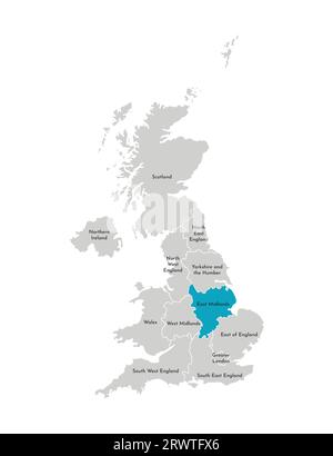 Illustration isolée vectorielle de la carte administrative simplifiée du Royaume-Uni (UK). Forme bleue des East Midlands. Frontières et noms de la région Illustration de Vecteur