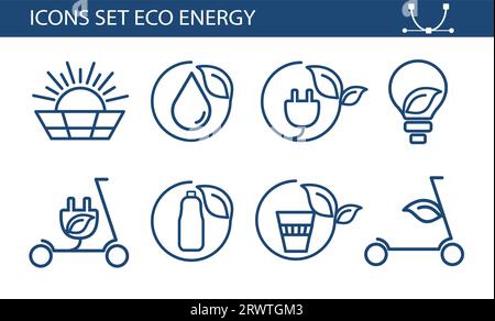 Ensemble d'icônes de vecteur ECO de style plat. Collection écologique avec différentes icônes sur le thème de l'écologie et de l'énergie verte. Isolé, modifiable et évolutif Illustration de Vecteur