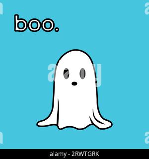 Fantôme mignon avec texte BOO dans le style doodle. Personnage de dessin animé fantôme d'Halloween isolé sur fond bleu. Lignes audacieuses et couleurs Unies. Vecteur Illustration de Vecteur