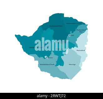 Illustration isolée vectorielle de la carte administrative simplifiée du Zimbabwe. Frontières et noms des provinces (régions). Silhouette kaki bleue colorée Illustration de Vecteur