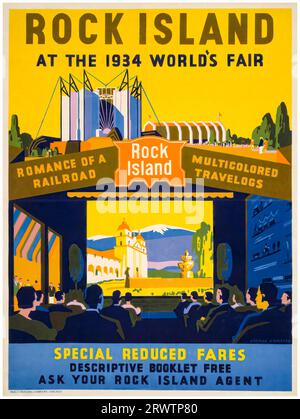 Rock Island, exposition universelle de 1934, Chicago, affiche de voyage vintage américaine, 1934 Banque D'Images