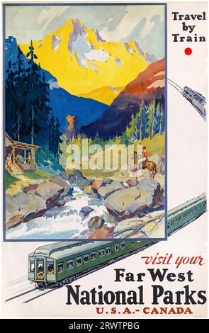 Années 1920, affiche de voyage vintage américain, États-Unis et Canada, Parcs nationaux, Voyage en train, 1920-1929 Banque D'Images