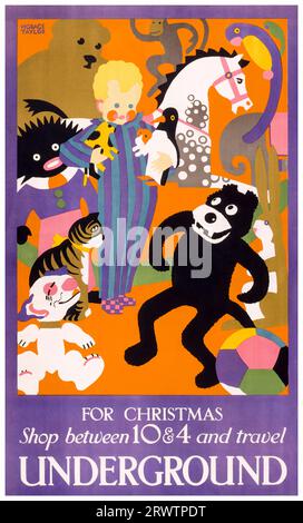 Christmas Shopping, London Underground, affiche de voyage vintage britannique, 1924 Banque D'Images