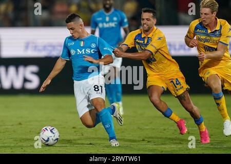 Frosinone, Italie. 19 août 2023. Photo de gauche à droite, Giacomo Raspadori, Francesco Gelli en action lors du match de football italien Serie A Frosin Banque D'Images