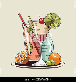 Illustration vectorielle dessinée à la main de cocktails d'alcool avec des feuilles de menthe, des olives et une garniture d'agrumes Illustration de Vecteur