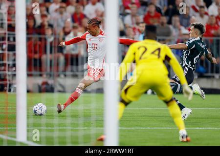 v. li. Leroy Sane (FC Bayern Muenchen, 10) et Lisandro Martinez (Manchester United, 6). Fussball, UEFA Champions League, Bayern M?nchen - Manchester United Am 20.9.2023 in der Muenchner Allianz Arena. LES RÈGLEMENTS DU LDF INTERDISENT TOUTE UTILISATION DE PHOTOGRAPHIES COMME SÉQUENCES D'IMAGES ET/OU QUASI-VIDÉO. Banque D'Images