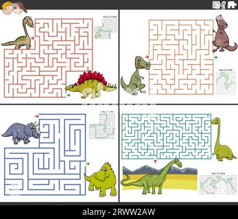 Illustration de dessin animé d'activités éducatives de puzzle labyrinthe avec des personnages animaux préhistoriques dinosaures Illustration de Vecteur