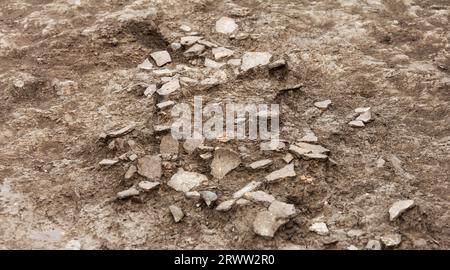 Fouilles archéologiques, archéologues travaillent, déterrent un ancien artefact en argile qui est vieux de cinq mille ans. Contexte Banque D'Images