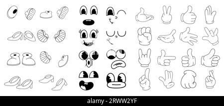 Collection de visages comiques, pieds et mains dans le style de bande dessinée rétro tendance des années 70. Mascotte groovy pied, bras, émotions. Illustration isolée. Illustration de Vecteur