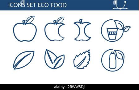 Ensemble d'icônes de ligne d'aliments sains, aliments végétaliens. Contient des icônes telles que Lactose, gluten et sans sucre, non OGM, huile de palme et plus, collection d'icônes. Illustration de Vecteur