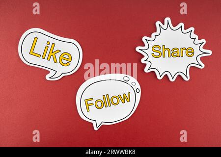 Aimez, suivez et partagez du texte sur bulle de discours sur le fond rouge. Banque D'Images