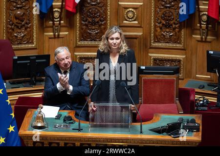 Le président du Sénat français Gérard Larcher et le président de l'Assemblée nationale française Yael Braun-Pivet s'expriment devant le Sénat français, devant le roi Charles de Grande-Bretagne s'adressant aux sénateurs et aux membres de l'Assemblée nationale, à Paris le 21 septembre 2023. Le roi Charles III de Grande-Bretagne et son épouse la reine Camilla sont en visite d'État de trois jours à partir du 20 septembre 2023, à Paris et Bordeaux, six mois après les émeutes et les grèves ont forcé le report de dernière minute de sa première visite d'État en tant que roi. Photo de Raphael Lafargue/ABACAPRESS.COM Banque D'Images