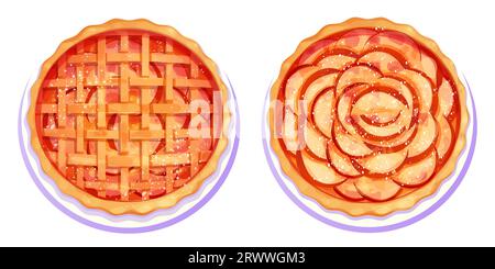 Set Homemde tarte aux pommes sur l'assiette, tarte avec sucre en poudre vue de dessus toute la boulangerie ronde, dessert dans le style de bande dessinée isolé sur fond blanc. Illustration vectorielle Illustration de Vecteur