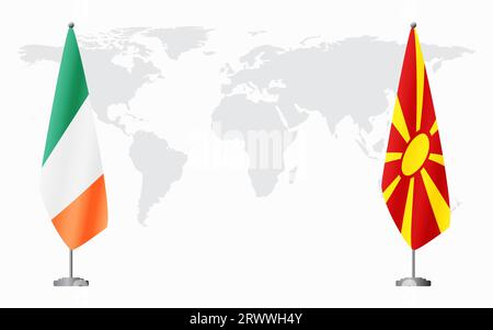 Drapeaux de l'Irlande et de la Macédoine du Nord pour la réunion officielle sur fond de carte du monde. Illustration de Vecteur