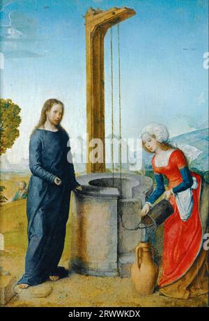 Juan de Flandes -- Christ et la Samaritaine c.1500, 24х17 Banque D'Images