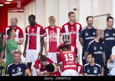 Deurne, Belgique. 21 septembre 2023. Vincent Janssen d'Anvers, Soumoula Coulibaly d'Anvers, Kobe Corbanie d'Anvers et Bjorn Engels d'Anvers photographiés lors d'une présentation actualisée de l'équipe belge de football Royal Antwerp FC, le jeudi 21 septembre 2023 à Deurne, en Belgique. BELGA PHOTO TOM GOYVAERTS crédit : Belga News Agency/Alamy Live News Banque D'Images
