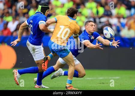 Juan Ignacio Brex #13 d'Italie, Felipe Etcheverry #10 d'Uruguay et Paolo Garbisi #12 d'Italie lors du match de coupe du monde de rugby entre l'Italie et l'Uruguay au Stade de Nice le 20 septembre 2023 à Nice, France. Photo de Baptiste Paquot/ABACAPRESS.COM Banque D'Images
