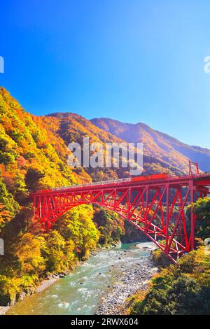 Gorges de Kurobe en automne, Préfecture de Toyama, train de trolley du Japon et la chaîne de montagnes avec des feuilles d'automne et un ciel dégagé Banque D'Images