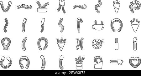 Les icônes churros définissent le vecteur de contour. Nourriture chocolatée. Biscuit espagnol Illustration de Vecteur