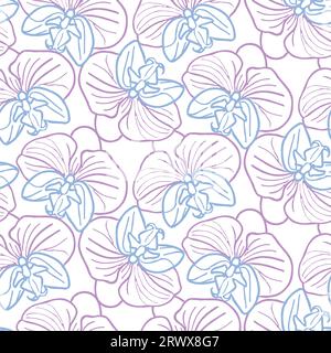 Motif sans couture de fleur d'orchidée tropicale, tête de fleur dessinée à la main en bleu pastel et rose. Fond vectoriel pour la conception de surface ou textile. Illustration de Vecteur