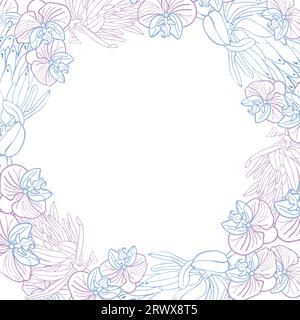 Roi tropical protea et orchidée cadre boarder, tête de fleur dessinée à la main en bleu pastel et rose. Fond vectoriel pour carte ou invit Illustration de Vecteur