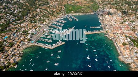 Vue aérienne, Port d'Andratx, port d'Andratx, voiliers et yachts, Andratx, îles Baléares, Majorque, Espagne, Baléares, Jetty, débarquement de bateaux, ES, Europ Banque D'Images