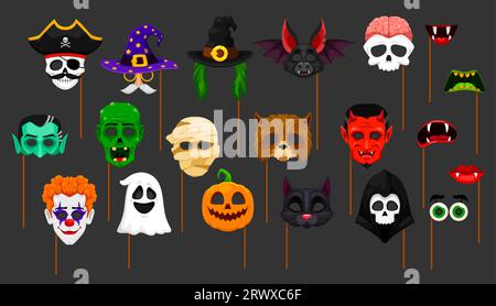 Masques et accessoires de cabine de photo d'Halloween, visages isolés de vecteur de dessin animé, chapeaux, yeux et bouches. Sorcière, citrouille, chauve-souris, diable, crâne et zombie avec fantôme, cerveau monstre et clown et momie avec chat noir Illustration de Vecteur