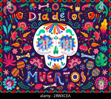 Dia de Los Muertos ou Day of Dead bannière vectorielle mexicaine de vacances avec des fleurs tropicales et des bougies. Crâne de sucre Calavera et os dans l'ornement de motif floral de maracas mexicains et de piments Chili Illustration de Vecteur