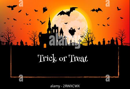 Silhouette de château d'Halloween avec des fantômes, des chauves-souris et paysage de cimetière, tour de vecteur ou traiter des vacances. Citrouilles de nuit d'horreur d'Halloween, croix tombale effrayant et arbres sur fond de ciel de pleine lune Illustration de Vecteur