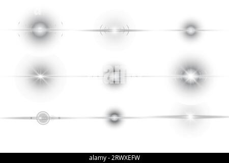 Effet spécial avec des rayons de lumière et des étincelles magiques. Kit de lentilles horizontales blanches. Lumière du soleil translucide. Conception de l'effet de lumière. Vecteur il Illustration de Vecteur