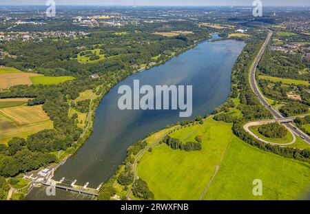 Vue aérienne, lac Kemnader et déversoir, autoroute A43, Stiepel, Bochum, région de la Ruhr, Rhénanie du Nord-Westphalie, Allemagne, DE, Europe, Photographie aérienne, local r Banque D'Images