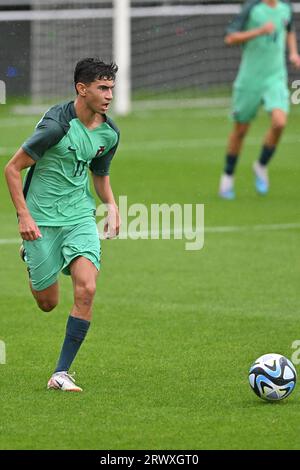 Oostakker, Belgique. 21 septembre 2023. Ricardo Pereira (11 ans) du Portugal photographié lors d'un match amical de football entre les équipes nationales des moins de 16 ans de Turquie et du Portugal le jeudi 21 septembre 2023 à Oostakker, Belgique . Crédit : Sportpix/Alamy Live News Banque D'Images