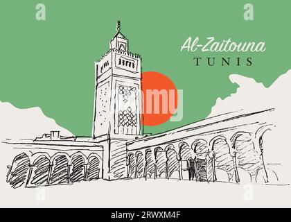 Illustration vectorielle dessinée à la main de la mosquée Al Zaytouna dans la ville de Tunis, la capitale de la Tunisie, Afrique du Nord Banque D'Images