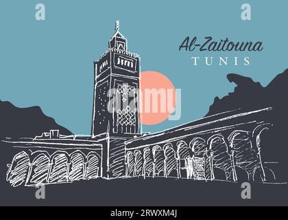 Illustration vectorielle dessinée à la main de la mosquée Al Zaytouna dans la ville de Tunis, la capitale de la Tunisie, Afrique du Nord Banque D'Images