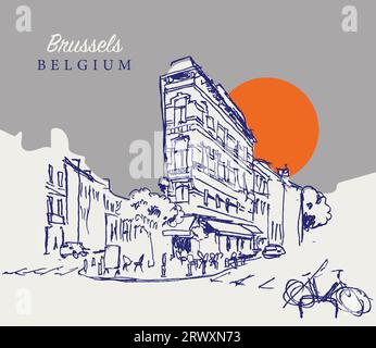 Illustration vectorielle de croquis dessiné à la main d'une rue à Bruxelles, Belgique Banque D'Images